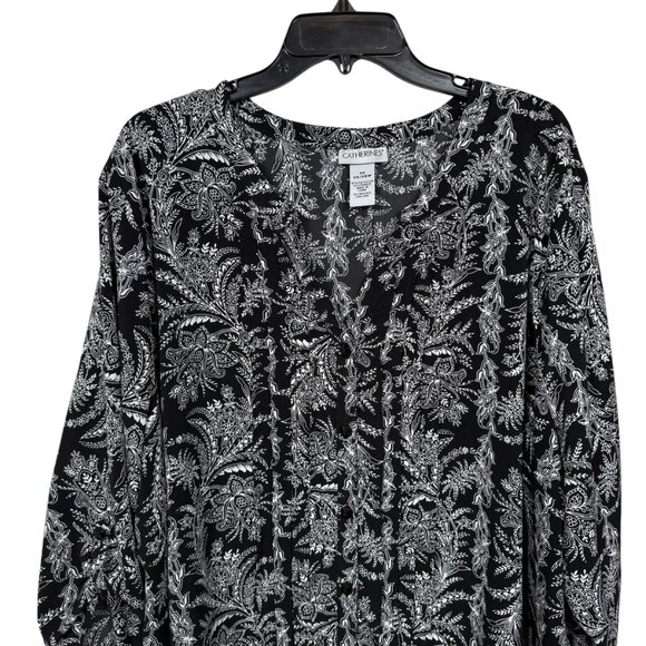 Catherines Tunic Top Blouse Size 3X 26/28W Black White Floral Button Up Roll Tab - Picture 4 of 6